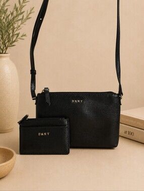 DKNY Black Textured Crossbody Bag & Card Case Set NWOT